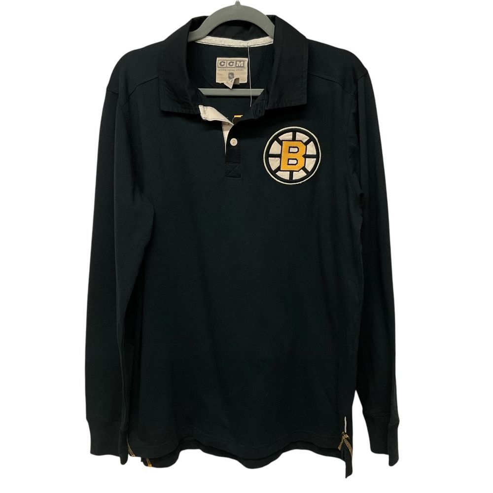 CCM Boston Bruins NHL Classic Long Sleeve Polo Shirt Sz L Black‎ Hockey NWT